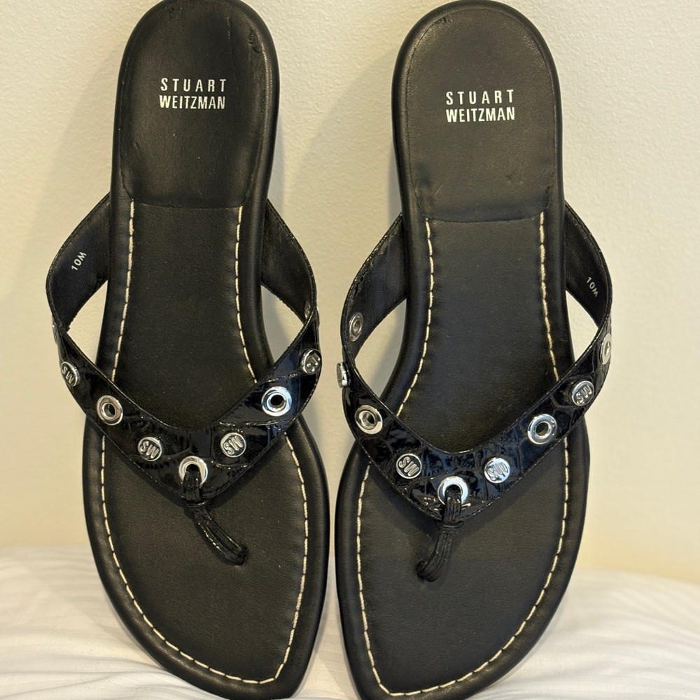 Stuart Weitzman Black Embellished Flip Flops